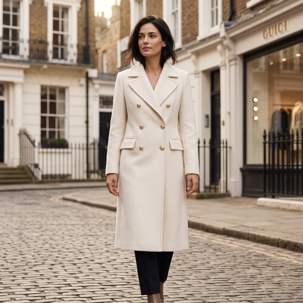 Women's white double-breasted overcoat with gold button front