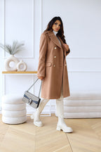Brown long double-breasted overcoat with gold buttons and flap chest pockets