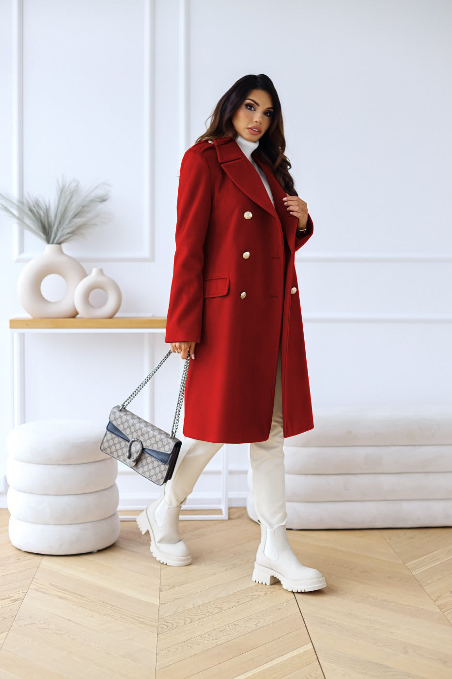 Red long double-breasted overcoat with gold buttons and flap chest pockets