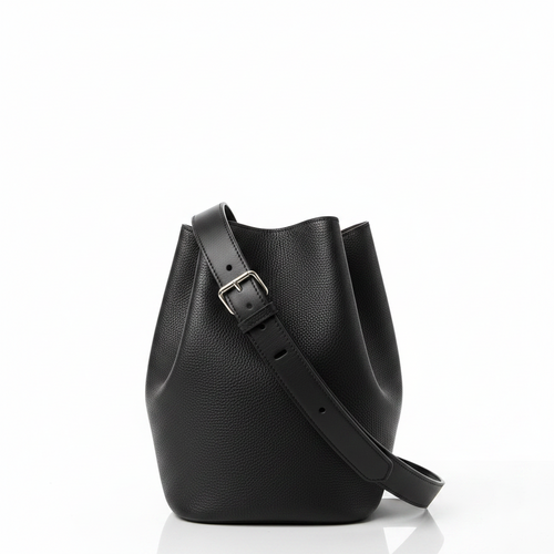 Black synthetic leather bucket shoulder bag with adjustable strap and buckle