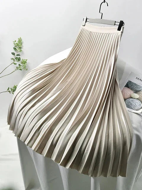 Beige women's pleated high-waist A-line maxi skirt with flare and waistband