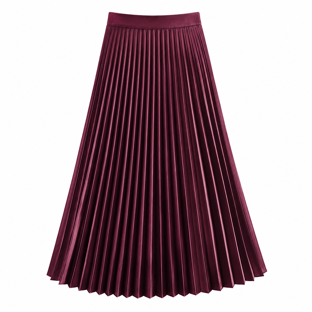 Burgundy women's pleated high-waist A-line maxi skirt, flowing pleats
