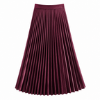 Burgundy women's pleated high-waist A-line maxi skirt, flowing pleats