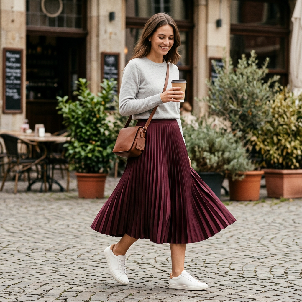 Women's pleated high-waist A-line skirt, deep burgundy, flowing pleats