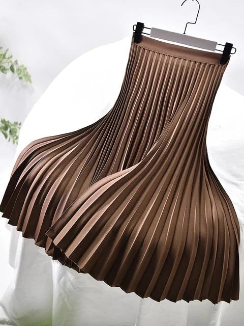 Brown women's pleated high-waist A-line maxi skirt with wide pleats and waistband