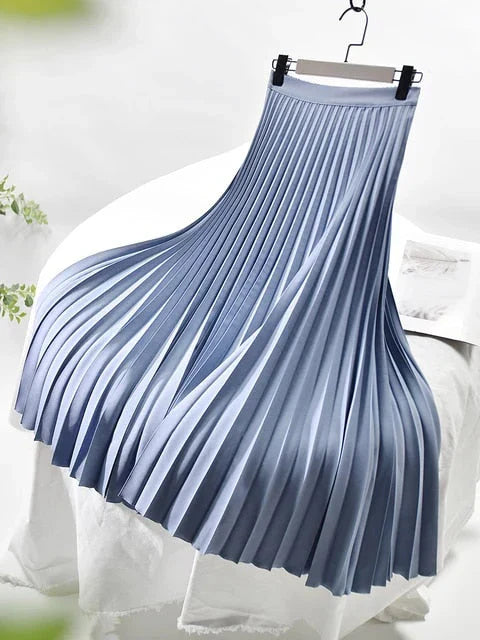 Blue women's pleated high-waist A-line maxi skirt with wide pleats and waistband