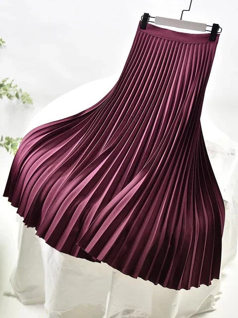 Burgundy women's pleated high-waist A-line maxi skirt with wide pleats and waistband