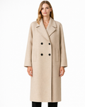 Women’s double-breasted long coat, beige with notched lapels and button front