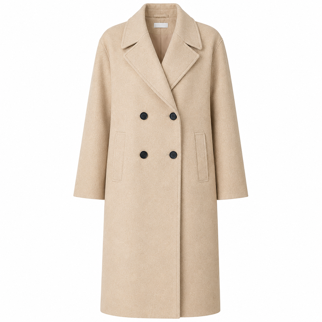 Beige double-breasted long coat with notched lapel and black buttons