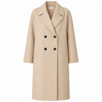 Beige double-breasted long coat with notched lapel and black buttons