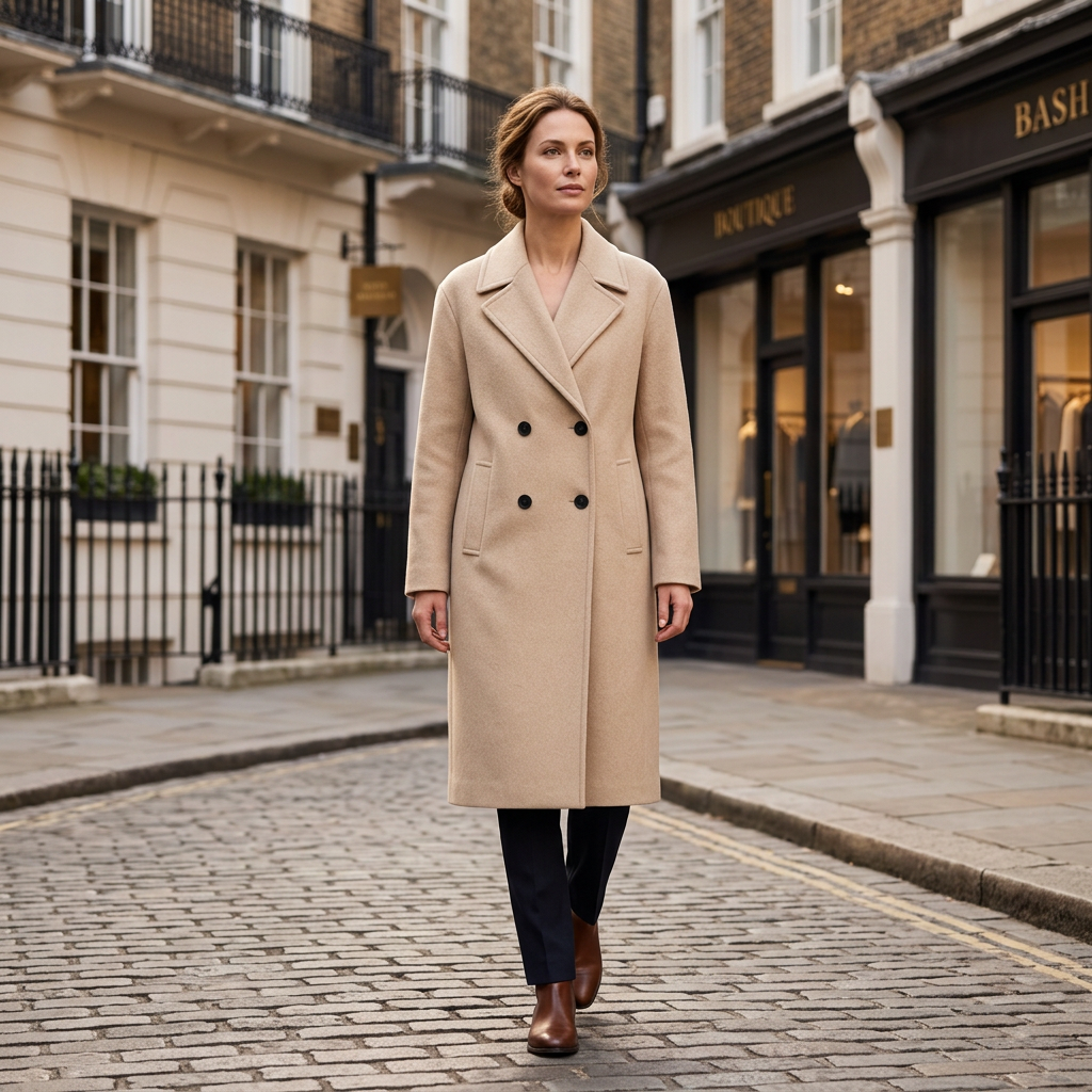 Beige double-breasted long coat with notched lapel, buttoned front and pockets