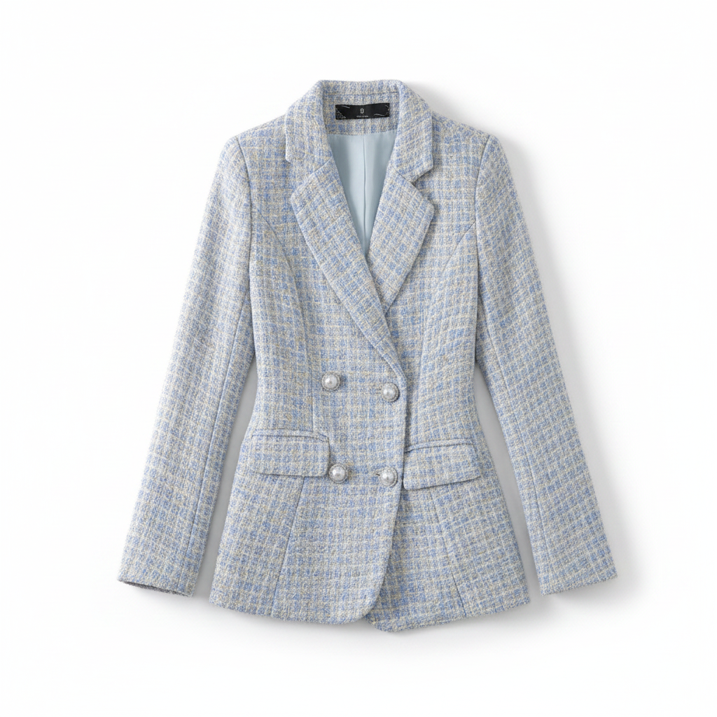 Women’s slim-fit checked blazer jacket, blue light plaid with double-breasted buttons
