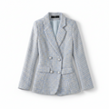 Women’s slim-fit checked blazer jacket, blue light plaid with double-breasted buttons