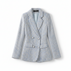 Women’s slim-fit checked blazer jacket, blue light plaid with double-breasted buttons