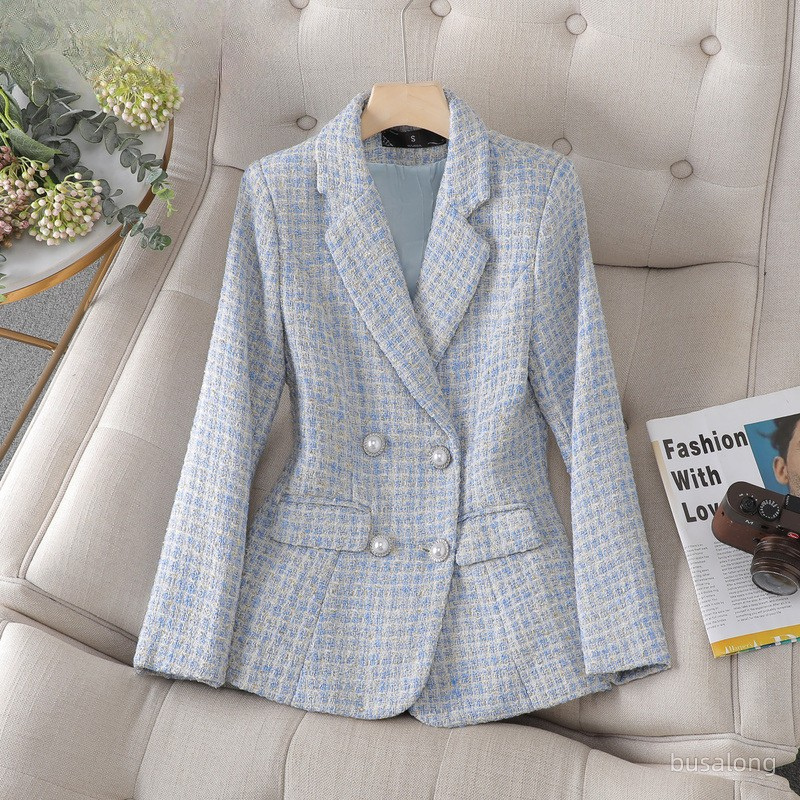 Women's light blue checked double-breasted blazer with notched lapels and long sleeves