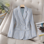 Women's light blue checked double-breasted blazer with notched lapels and long sleeves