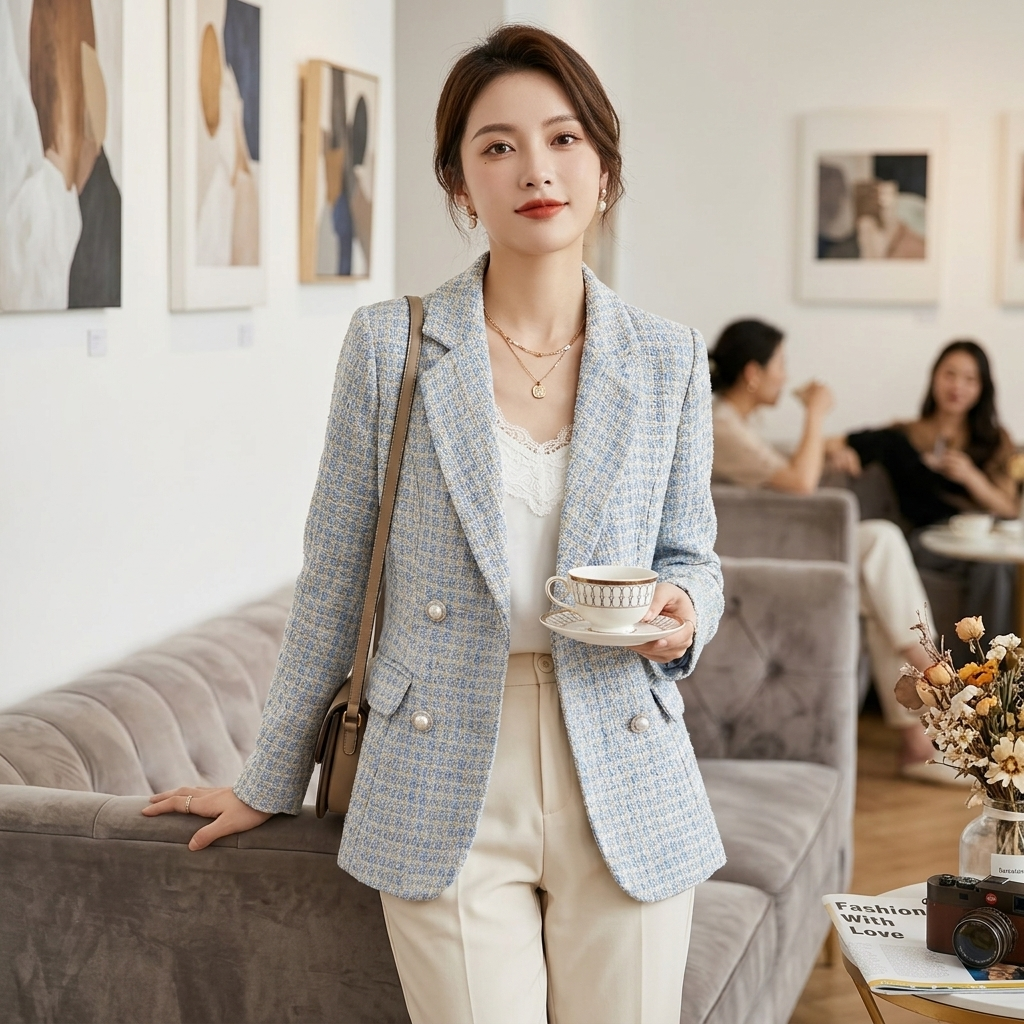 Women's light blue checked blazer with notched lapels and front button details