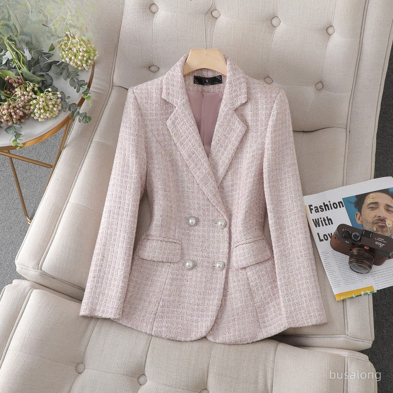 Women’s slim-fit checked blazer jacket, pink tweed plaid with double-breasted buttons