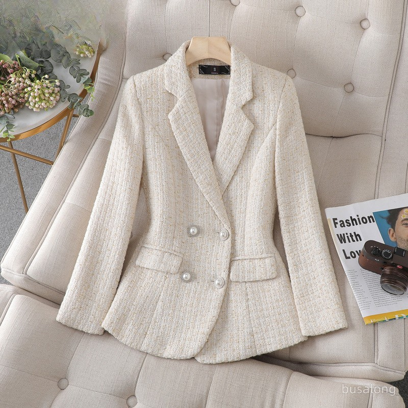 Women’s slim-fit checked blazer jacket, cream textured plaid with double-breasted buttons