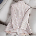 Women’s slim-fit tweed blazer jacket back view, pink textured fabric with flared hem
