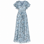 Sky blue floral midi dress, V-neck, flutter sleeves, cinched waist, flowing skirt
