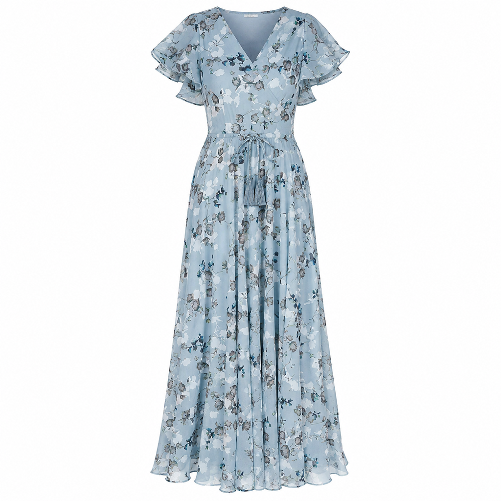 Sky blue floral midi dress, V-neck, flutter sleeves, cinched waist, flowing skirt