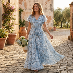 Sky blue floral midi dress with flutter sleeves, V-neck, gathered waist, full skirt