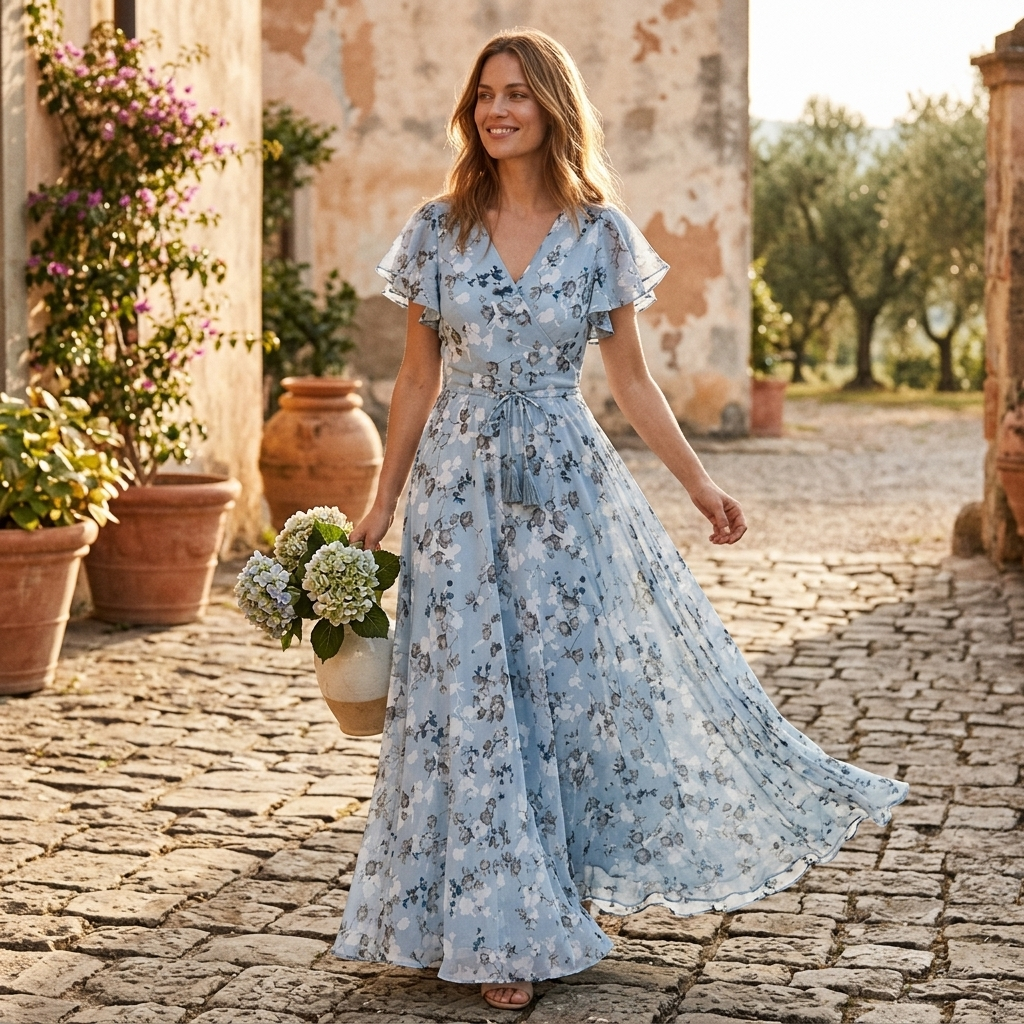 Sky blue floral midi dress with flutter sleeves, V-neck, gathered waist, full skirt