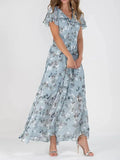 Sky blue floral midi dress with V-neck and flutter sleeves, gathered waist, A-line skirt