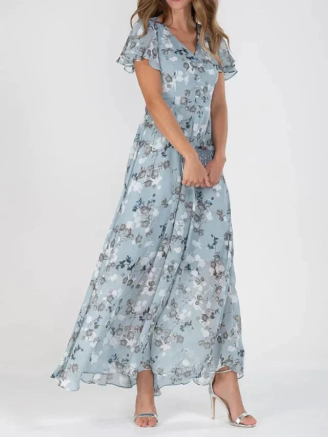 Sky blue floral midi dress with V-neck and flutter sleeves, gathered waist, A-line skirt