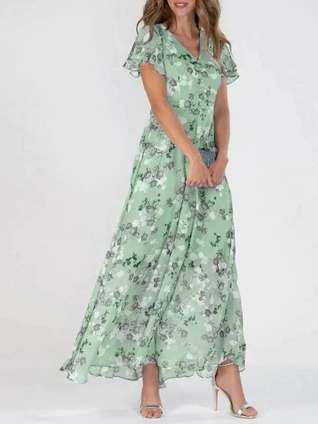 Light green floral midi dress, V-neck, flutter sleeves, gathered waist, pleated skirt