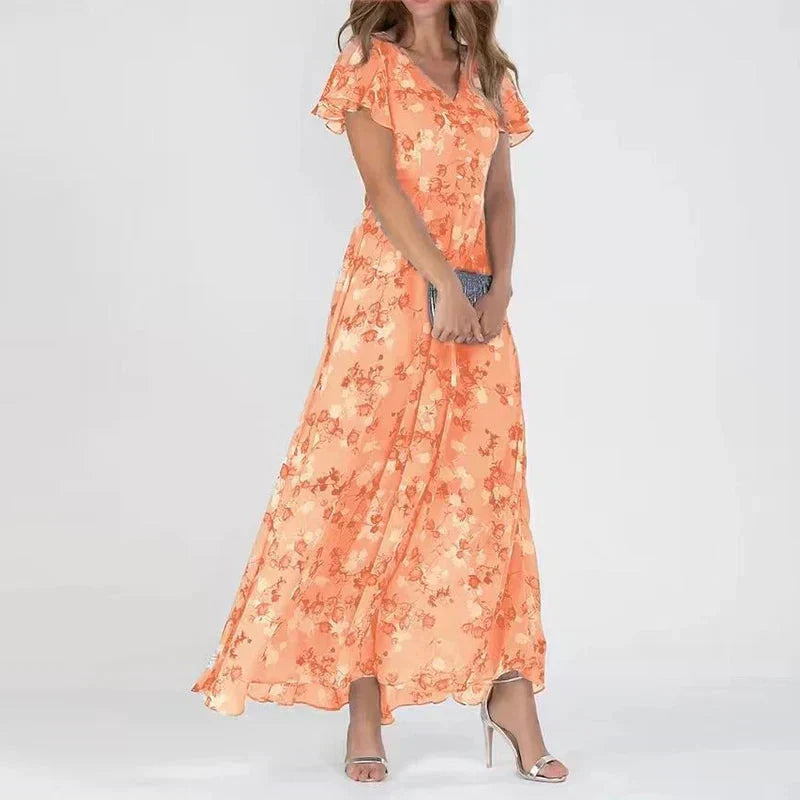 Orange floral midi dress with V-neck and flutter sleeves, gathered waist, flowing skirt