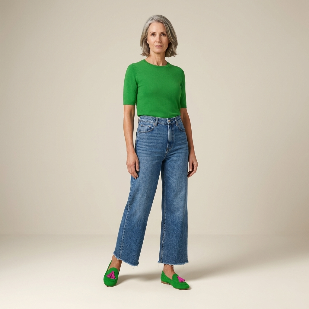 Green suede tassel loafers with low heel, worn with jeans