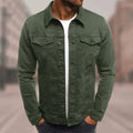 Green denim jacket with button-front, stand collar, and two chest flap pockets