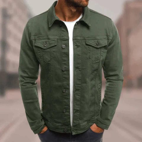 Green denim jacket with button-front, stand collar, and two chest flap pockets