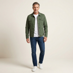 Green men's denim jacket with button front, flap chest pockets, and side pockets