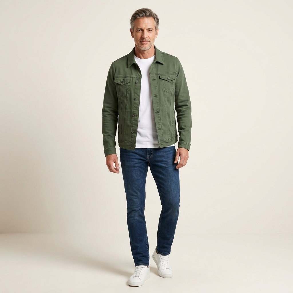 Green men's denim jacket with button front, flap chest pockets, and side pockets
