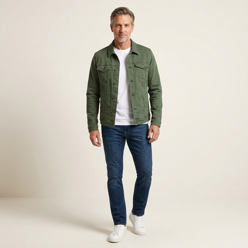 Green men's denim jacket with button front, flap chest pockets, and side pockets