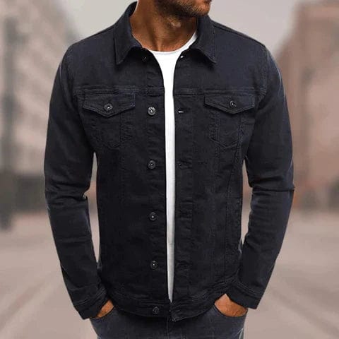 Black denim jacket with button-front, stand collar, and two chest flap pockets