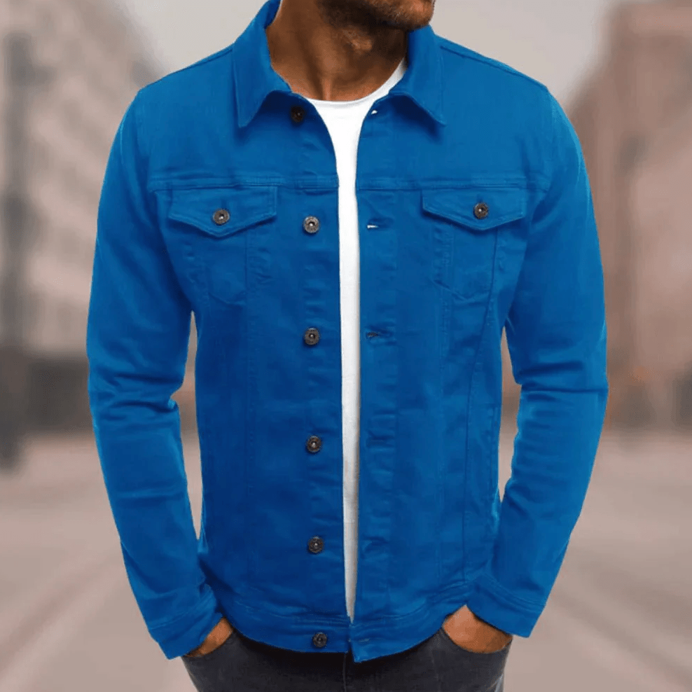 Blue denim jacket with button-front, stand collar, and two chest flap pockets