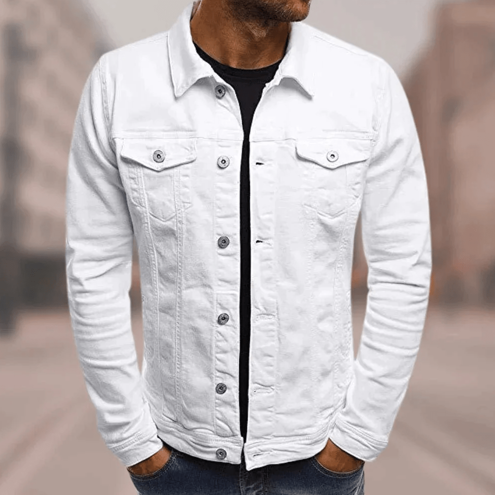 White denim jacket with button-front, stand collar, and two chest flap pockets
