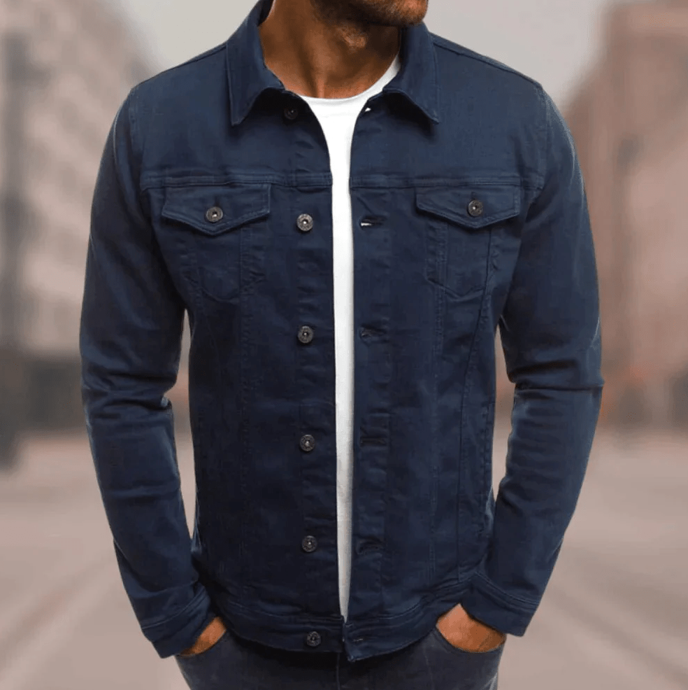 Dark blue denim jacket with button-front, stand collar, and two chest flap pockets