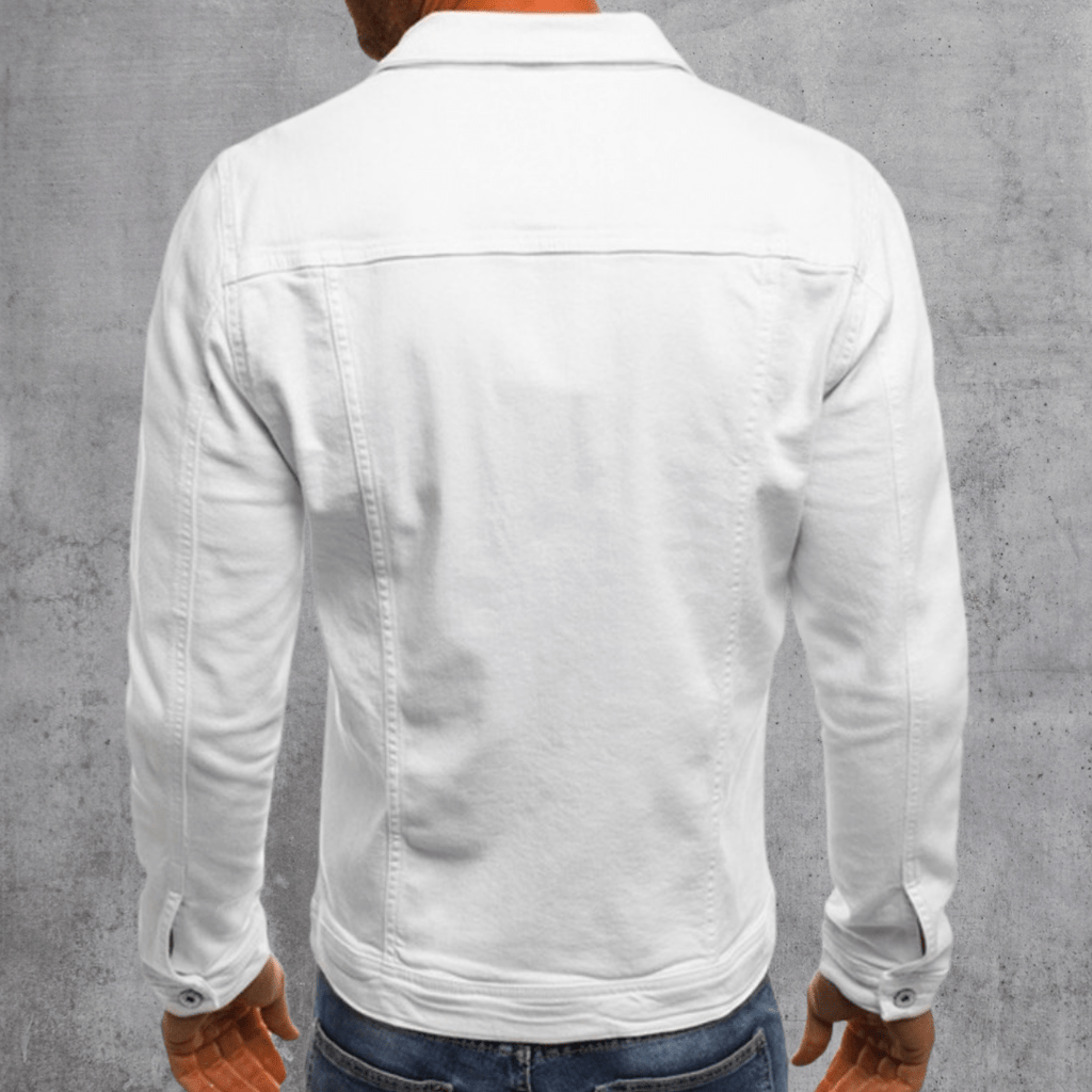 White denim jacket back view with button cuffs and stitched yoke seams