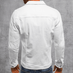 White denim jacket back view with button cuffs and stitched yoke seams