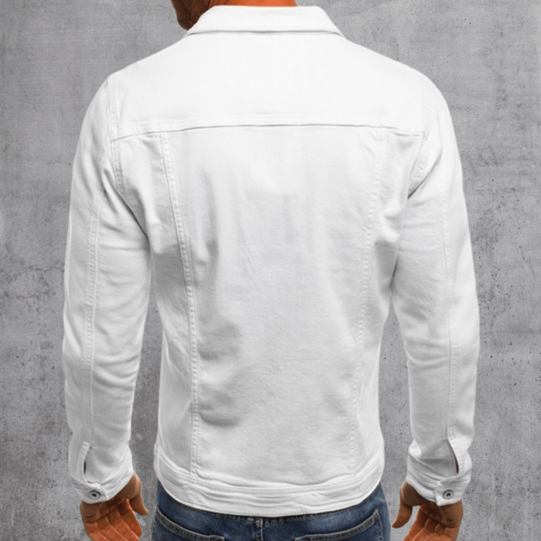 White denim jacket back view with button cuffs and stitched yoke seams