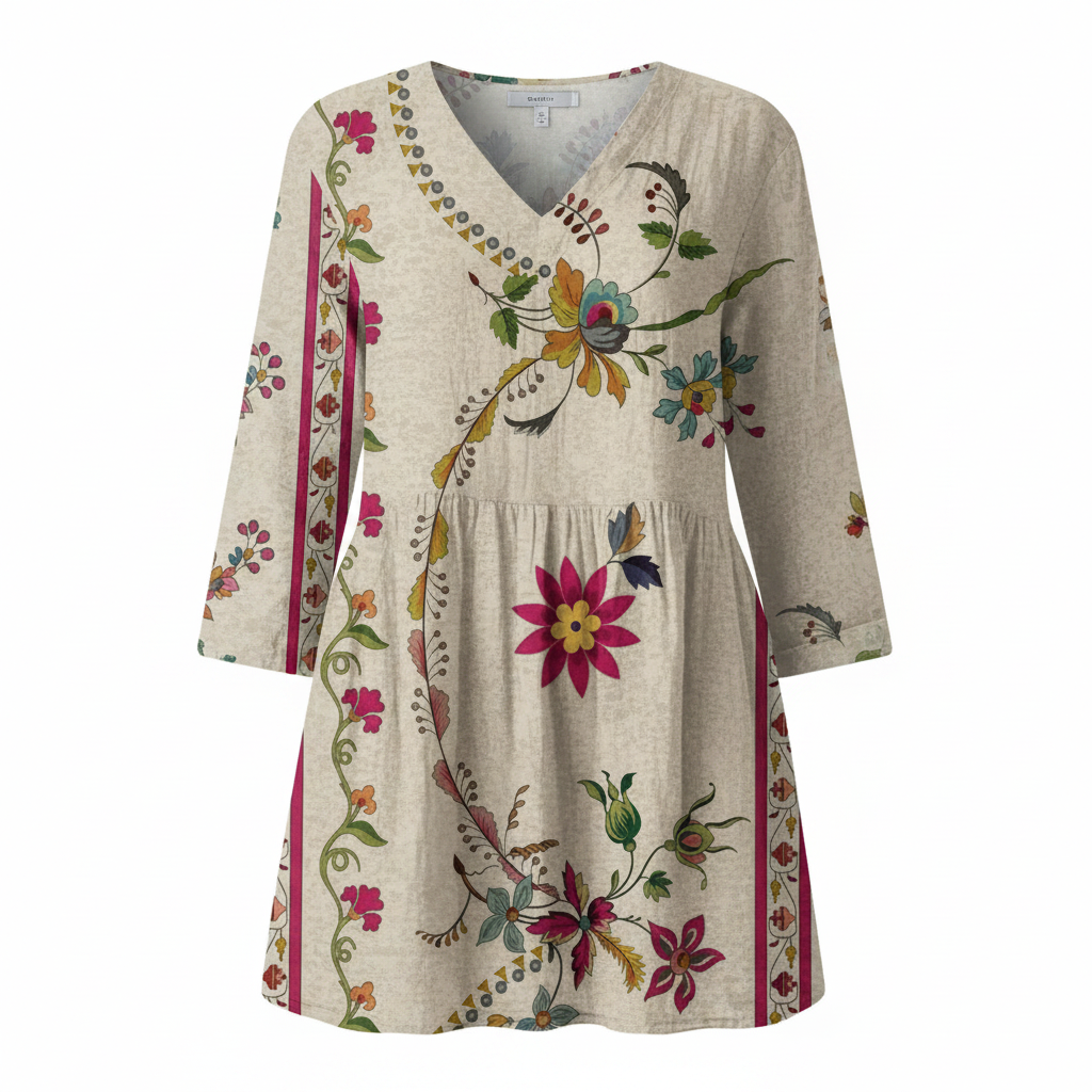 Beige floral print V-neck long blouse with 3/4 sleeves and gathered waist