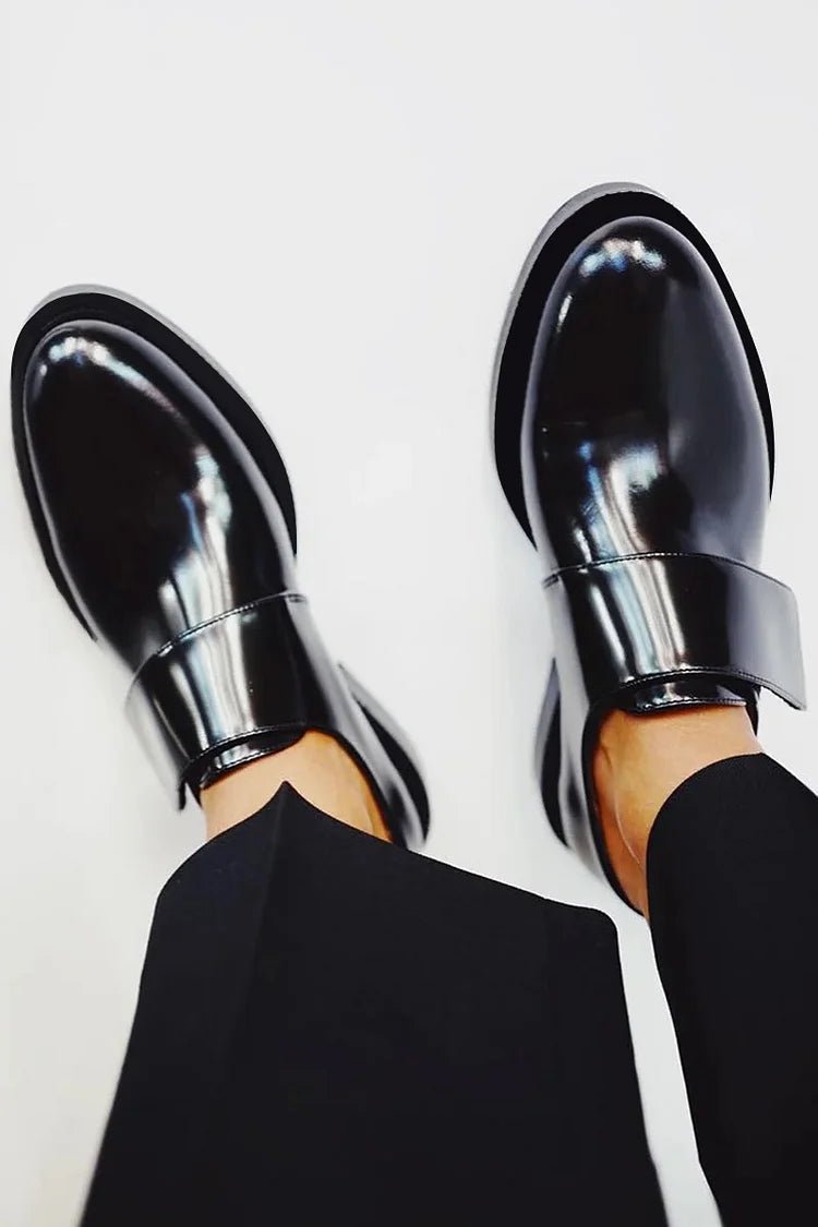 Clara women's polished patent leather strap loafers, rounded toe and strap detail