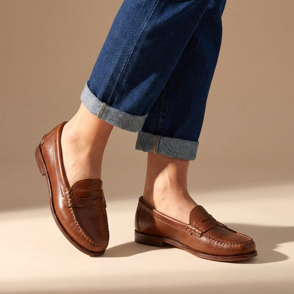 Brown leather penny loafers with moccasin stitching, slip-on penny strap