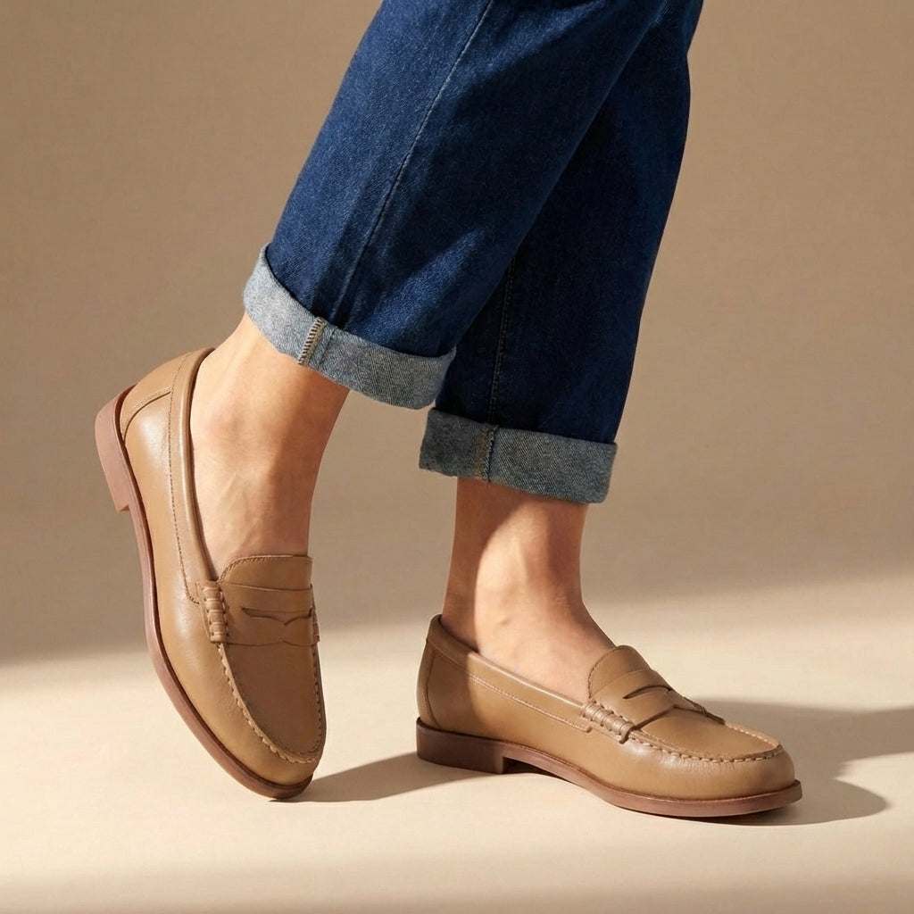 Tan leather penny loafers with moccasin stitching, low-profile slip-on