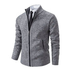 Men's zip-up knit jacket in light gray heather with stand collar and side pockets